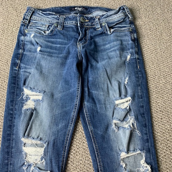 Silver Jeans‎ Womens Jeans 29 Blue Dark Wash Denim Distressed Suki Skinny Crop - Picture 2 of 13